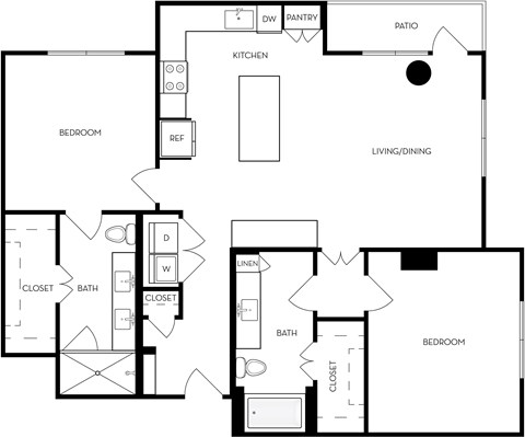 A black and white floor plan of a house with a living room, dining room, kitchen, two bedrooms, two bathrooms, and a pantry.